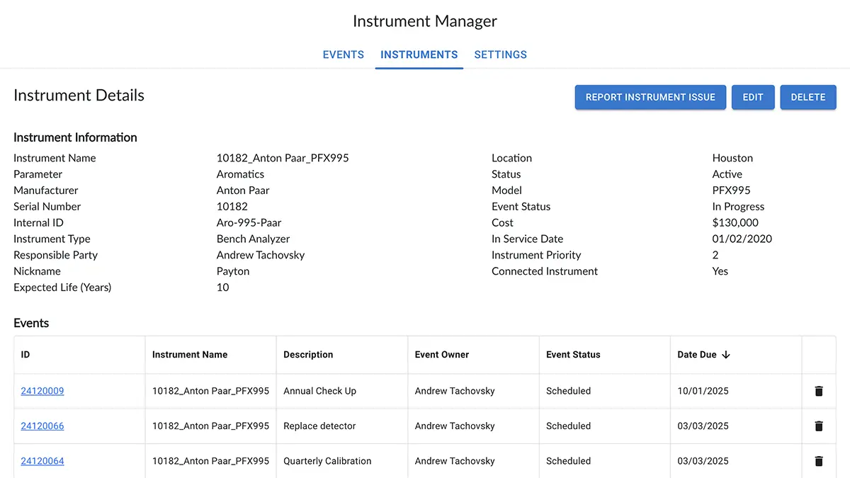 SQC Instrument Manager Events Details
